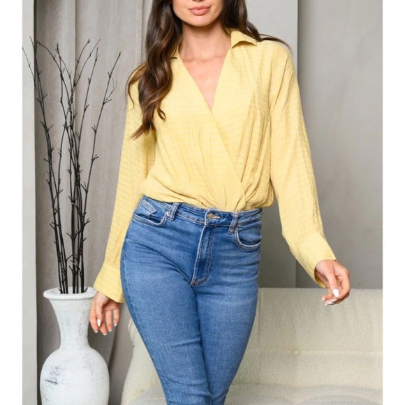 Goin Some Wear Tops - Yellow Long Sleeve V Neck Collar Surplice Bodysuit Sizes: Medium